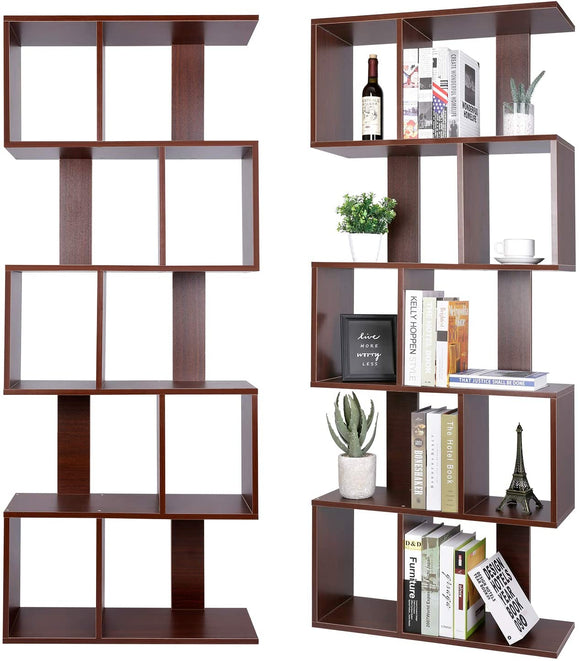 Amzdal Modern Bookshelf, Geometric Bookcase, 5-Tier Wood Bookshelf S Shaped Bookshelf, Display Shelf for Books, Records, CDs, Decor, Walnut Brown