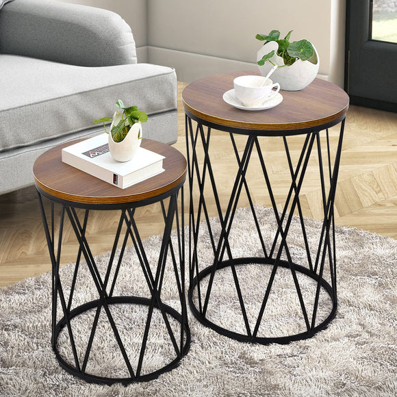 Round End Tables, 2 Set of Industrial Nesting Coffee Tables Modern Wood and Metal Nightstand for Living Room Bedroom Office, Easy to Storage, Brown