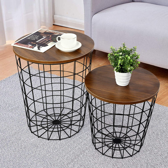 Nesting Coffee Table Set of 2 Living Room Decor Small Round End Tables with Wood Tabletop and Metal Basket Frame Modern Side Desk(Walnut)