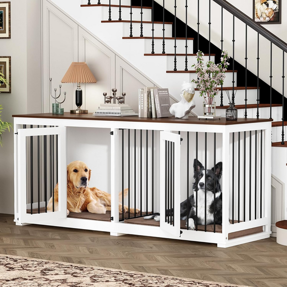 Large Double Dog Crate Furniture, Heavy Duty Crates Cage Furniture for or Medium Dogs Indoor, White