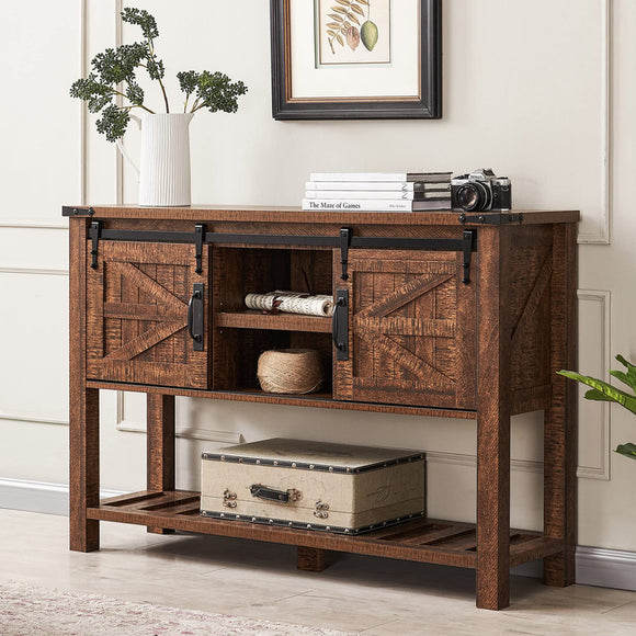 Farmhouse Storage Rectangle Wood Metal Console Side Entryway Table with Sliding Barn Doors, Retro wood color