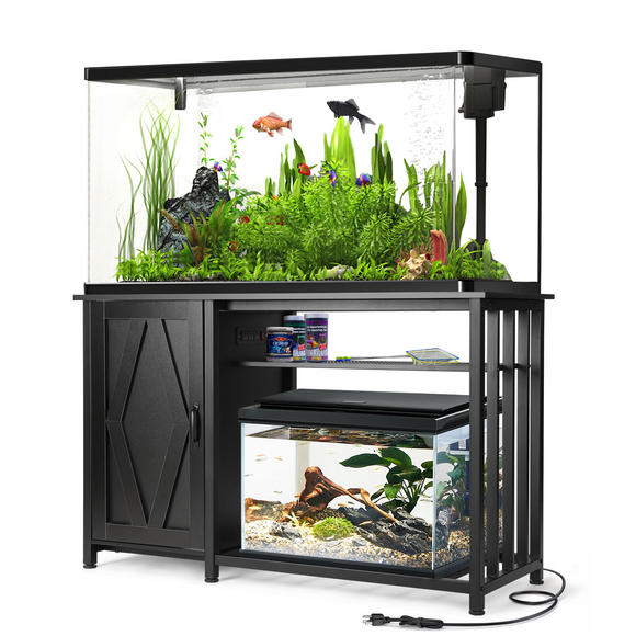 55-75 Gallon Fish Tank Stand, Aquarium Stand with Power Outlets and Cabinet for Fish Tank Accessories Storage, Black