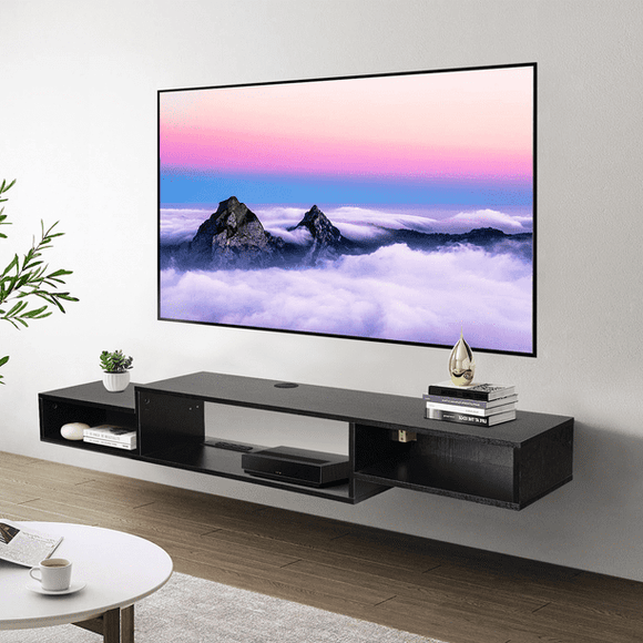 71 Floating Tv Stand Wall Mounted Media Console with Power Outlet floating entertainment center TV Shelf, Under TV Floating Cabinet Desk, Television Stands for Bedroom, Living Room, Black