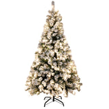 Amzdeal 6FT Snow Flocked Artificial Christmas Tree Pre-Lit, 928 Branches & 250 Warm Lights, Sturdy Base