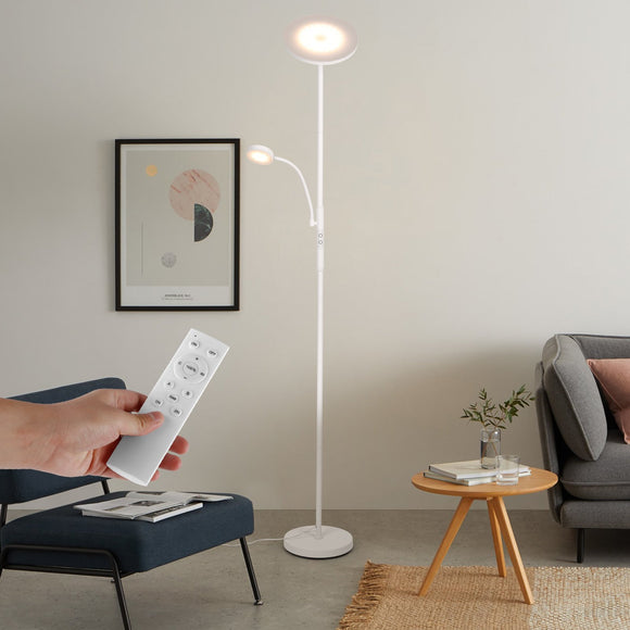 Albrillo Modern Floor Lamp - 28W Sky LED Torchiere and 5W Reading Light, 2200 + 400Lumens, Dimmable Standing Lamp, Touch and Remote Control, 3000K-6000K or for Living Room, Bedroom, Office, White