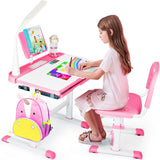 SIMBR Kids Desk and Chair Set, Height Adjustable Kid Desk Chair, Childs Desk w/LED Light School Student Writing Desk w/Tilt Desktop, Drawer, Bookshelf,2 * Metal Hook, Cup Holder (Pink)