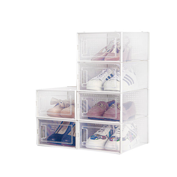 6 Pcs Large Shoe Storage Boxes (14.2” x 11” x 8.3”), Shoe Boxes Clear Plastic Stackable, Front Opening Shoe Organizer, Shoe Container with lids, Foldable Shoe Box Bin