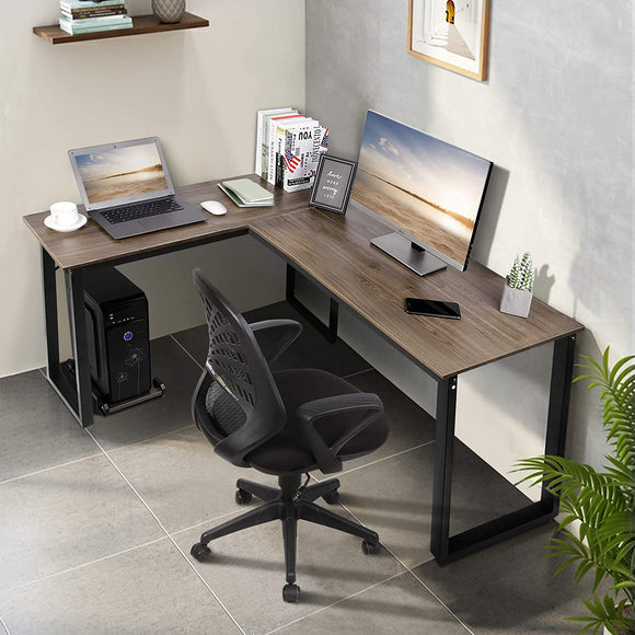 56 inch L Shaped Desk Gaming Desk Computer Desk Industrial Corner Desk Writing Desk Student Desk for Home Office, Light Brown