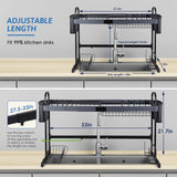Over The Sink Dish Drying Rack (27¡± to 33¡±), 2 Tier 304 Stainless Steel Dish Rack Over The Sink, length Adjustable, for Kitchen Organization & Storage, Space Saver Shelf Holder | 10 Hooks