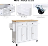 Hosfur Kitchen Island on Wheels, 43“ Rolling Mobile Kitchen Island Cart with Drawers and Storage Cabinet, Kitchen Cart with Rubberwood Countertop and Spice Rack, Towel Rack, Adjustable Shelves, White