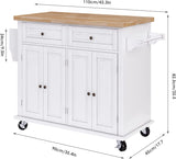 Hosfur Kitchen Island on Wheels, 43“ Rolling Mobile Kitchen Island Cart with Drawers and Storage Cabinet, Kitchen Cart with Rubberwood Countertop and Spice Rack, Towel Rack, Adjustable Shelves, White