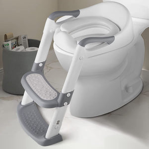 Potty Training Seat with Step Stool Ladder, Foldable Toddler Kids Training Seat with Handles & Soft Cushion, Height Adjustable, Non Slip Wide Step for Boys and Girls, Grey