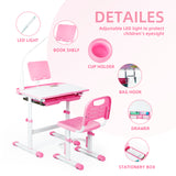 SIMBR Kids Desk and Chair Set, Height Adjustable Kid Desk Chair, Childs Desk w/LED Light School Student Writing Desk w/Tilt Desktop, Drawer, Bookshelf,2 * Metal Hook, Cup Holder (Pink)