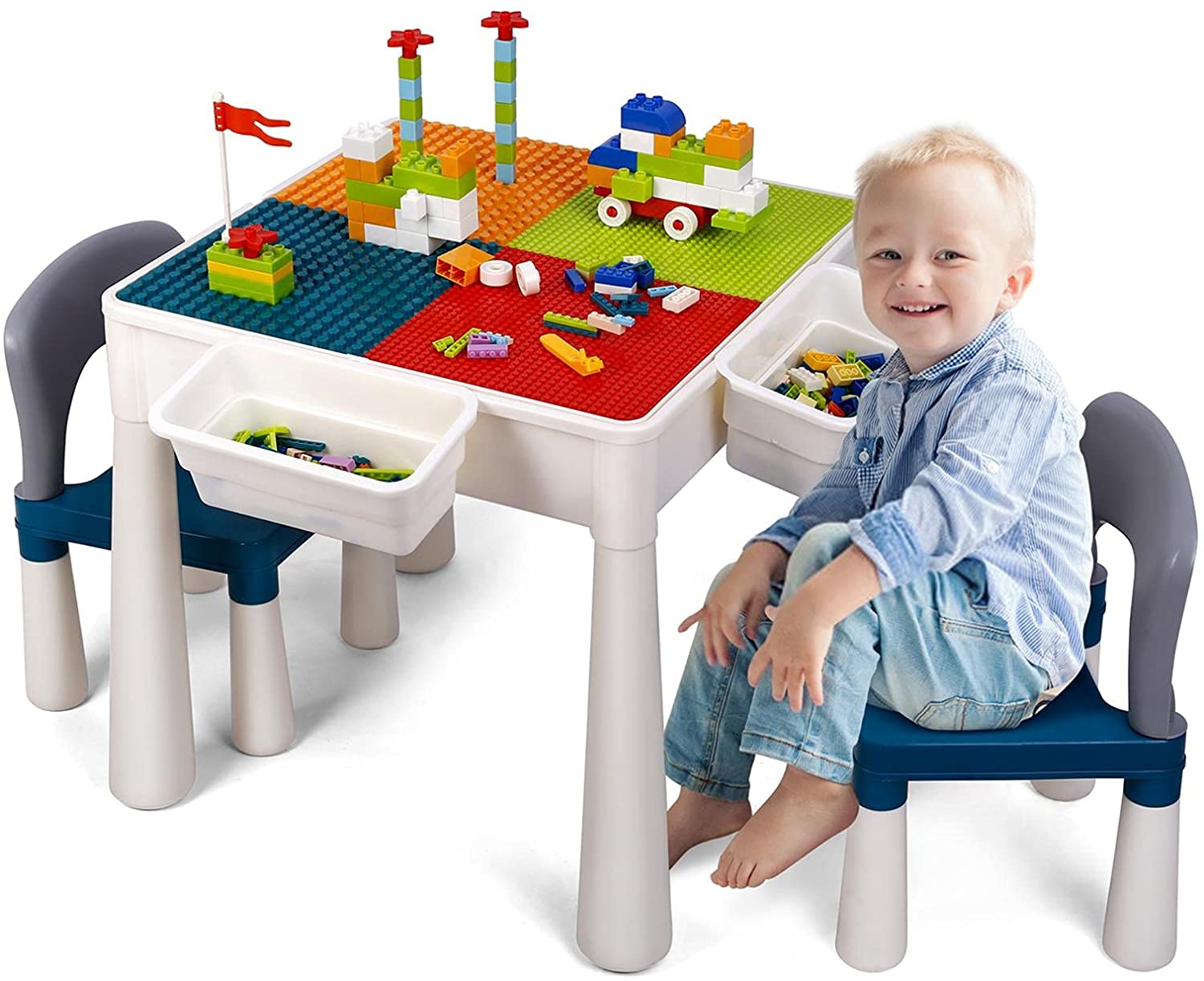 2-in-1 Kids Activity Table and 2 Chairs Set with Storage Building