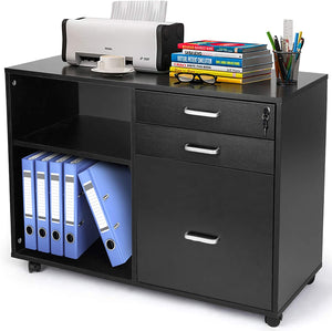 Black Printer Cabinet, TUSY Printer Stand with Open Storage Shelf, 3-Drawer Locked File Cabinet with Lock, Home Office