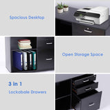 Black Printer Cabinet, TUSY Printer Stand with Open Storage Shelf, 3-Drawer Locked File Cabinet with Lock, Home Office