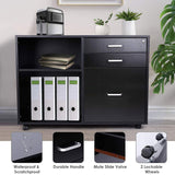 Black Printer Cabinet, TUSY Printer Stand with Open Storage Shelf, 3-Drawer Locked File Cabinet with Lock, Home Office