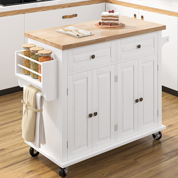 Hosfur Kitchen Island on Wheels, 43“ Rolling Mobile Kitchen Island Cart with Drawers and Storage Cabinet, Kitchen Cart with Rubberwood Countertop and Spice Rack, Towel Rack, Adjustable Shelves, White