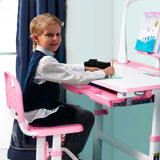 SIMBR Kids Desk and Chair Set, Height Adjustable Kid Desk Chair, Childs Desk w/LED Light School Student Writing Desk w/Tilt Desktop, Drawer, Bookshelf,2 * Metal Hook, Cup Holder (Pink)