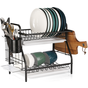 Dish Drying Rack, 2 Tier Kitchen Plate Rack with Drainboard, Utensil Holder, Cup Holder, Cutting Board Holder, Large Rust-Proof Dish Drainer