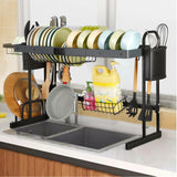 Over The Sink Dish Drying Rack (27¡± to 33¡±), 2 Tier 304 Stainless Steel Dish Rack Over The Sink, length Adjustable, for Kitchen Organization & Storage, Space Saver Shelf Holder | 10 Hooks