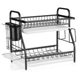 Dish Drying Rack, 2 Tier Kitchen Plate Rack with Drainboard, Utensil Holder, Cup Holder, Cutting Board Holder, Large Rust-Proof Dish Drainer