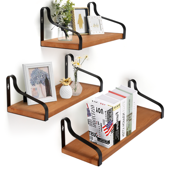 Floating Shelves Wall Mounted Set of 3, Rustic Wood Wall Storage Shelves for Bedroom, Living Room, Bathroom, Kitchen and Office