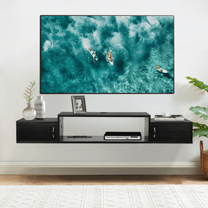 55" Floating Tv Stand Wall Mounted Media Console with Power Outlet, floating entertainment center TV Shelf, Under TV Floating Cabinet Desk, Television Stands for Bedroom, Living Room, Black