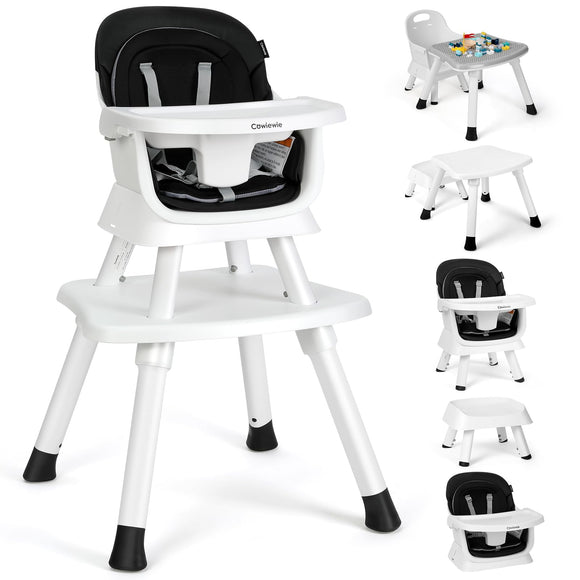 Cowiewie 8 in 1 Baby High Chair for Babies, Toddler Dining Booster Seat/Kids Table & Chair Set/Building Block Table/Kids Stool,Black