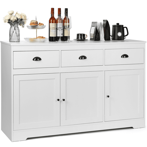 Richya 53.54'' Sideboard Buffet Storage Cabinet, 3 Drawers, 3 Doors & Adjustable Shelves, Farmhouse Buffet Coffee Bar Wine Cabinet, White