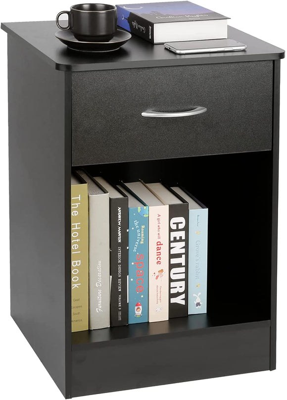 TUSY Black Nightstand with Drawer, Bedside Table Side Table for Small Place, Bed Table End Tables for Living Room Bedroom, File Cabinet Storage with Sliding Drawer and Shelf for Home Office