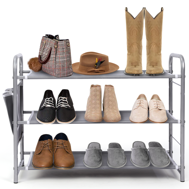 HiTik 3-Tier Shoe Rack with Side Hanging Pockets, Stackable Shoe Shelf –  Daman-US