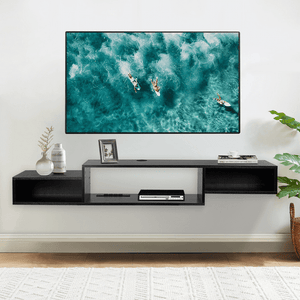 Improved 59" Floating Tv Stand Wall Mounted Media Console with Power Outlet, floating entertainment center TV Shelf, Under TV Floating Cabinet Desk, Television Stands for Bedroom, Living Room, Black